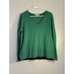 Boden Sweater Womens Large Green Blue V Neck Gold Button Cotton Sleeve corpcore